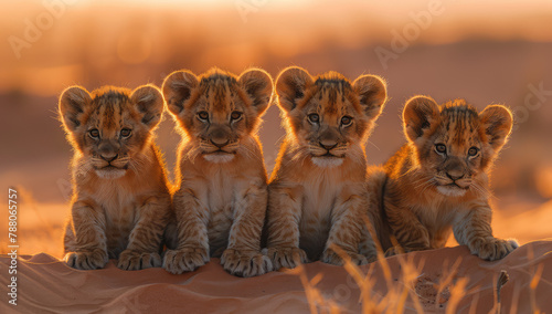 A group of lion cubs sitting side by side, bathed in the golden glow of sunset on an African savannah. Created with Ai
