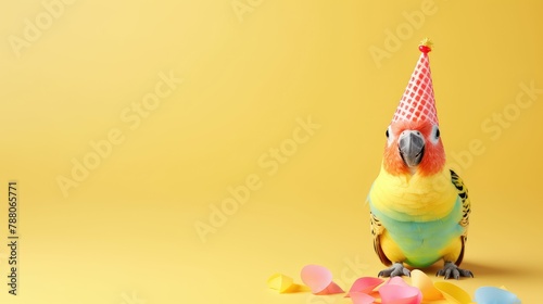 Parrot bird in sunglass shade glasses isolated on solid pastel background, advertisement, surreal surrealism 