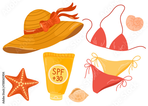 Straw hat, swimwear, sun cream composition. Accessories, clothes for summer travel. Bikini, swimsuit for sea resort. Flat vector illustration isolated on white background