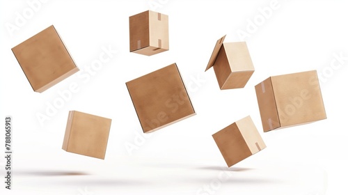 Five levitating closed cardboard boxes are displayed against a white isolated background