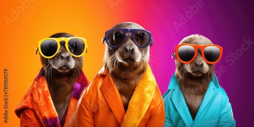Seal Sealion in a group, vibrant bright fashionable outfits isolated on solid background advertisement, birthday party invite invitation banner