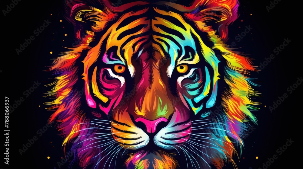 Tiger in abstract, graphic highlighters lines rainbow ultra-bright neon artistic portrait, advertisement, surrealism. Isolated on dark background