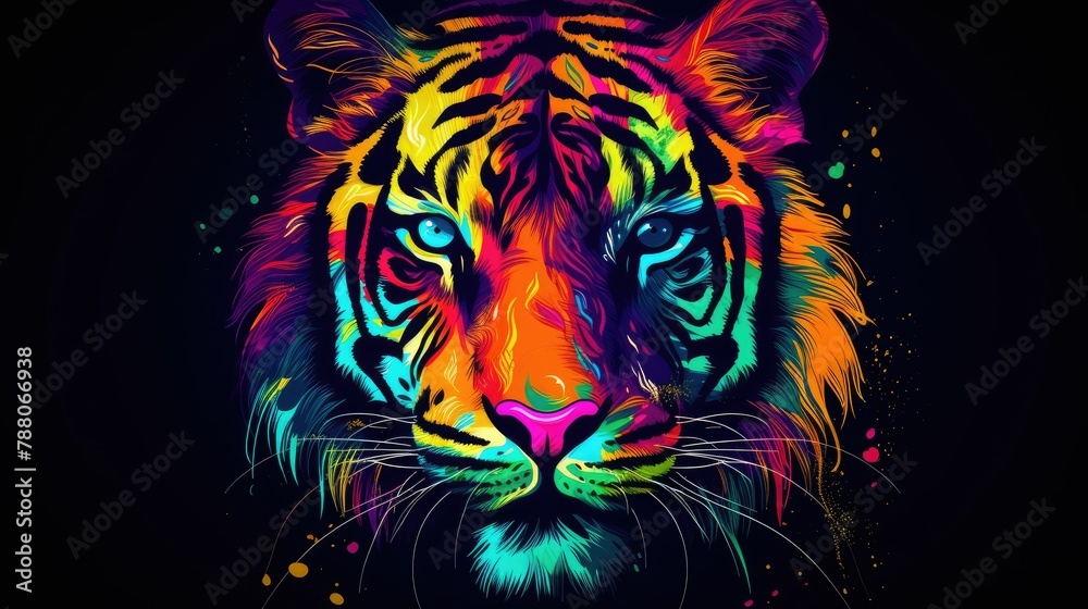 Tiger in abstract, graphic highlighters lines rainbow ultra-bright neon artistic portrait, advertisement, surrealism. Isolated on dark background
