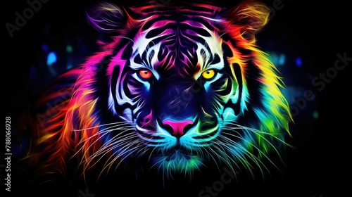 Tiger in abstract  graphic highlighters lines rainbow ultra-bright neon artistic portrait  advertisement  surrealism. Isolated on dark background