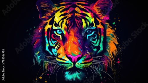 Tiger in abstract  graphic highlighters lines rainbow ultra-bright neon artistic portrait  advertisement  surrealism. Isolated on dark background