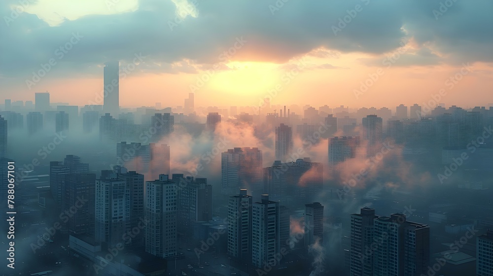 Dawn's Haze over Industrial Horizon. Concept Industrial Landscapes, Urban Development, Sunrise Scenes, Pollution Effects, Nature vs Industry