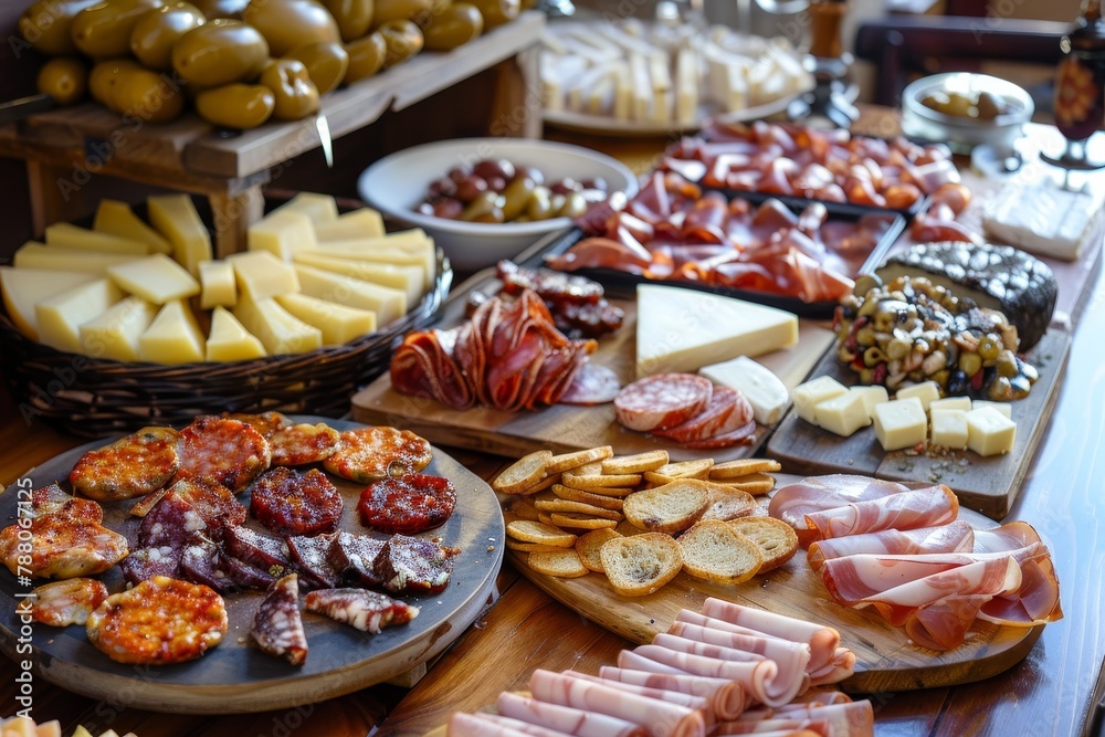 Top Portuguese tapas with smoked ham salami cheese crackers liver pate and jams