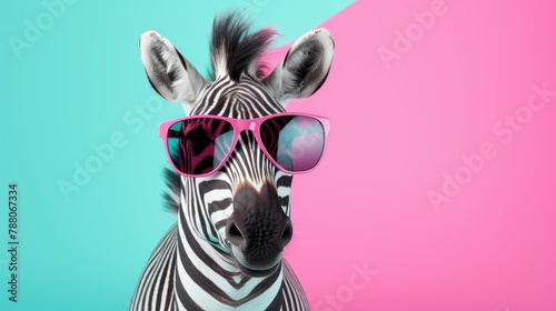 Zebra in sunglass shade glasses isolated on solid pastel background, advertisement, surreal surrealism