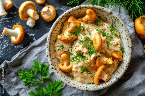 Top view of chanterelle mushrooms pate in ceramic dish on dark background