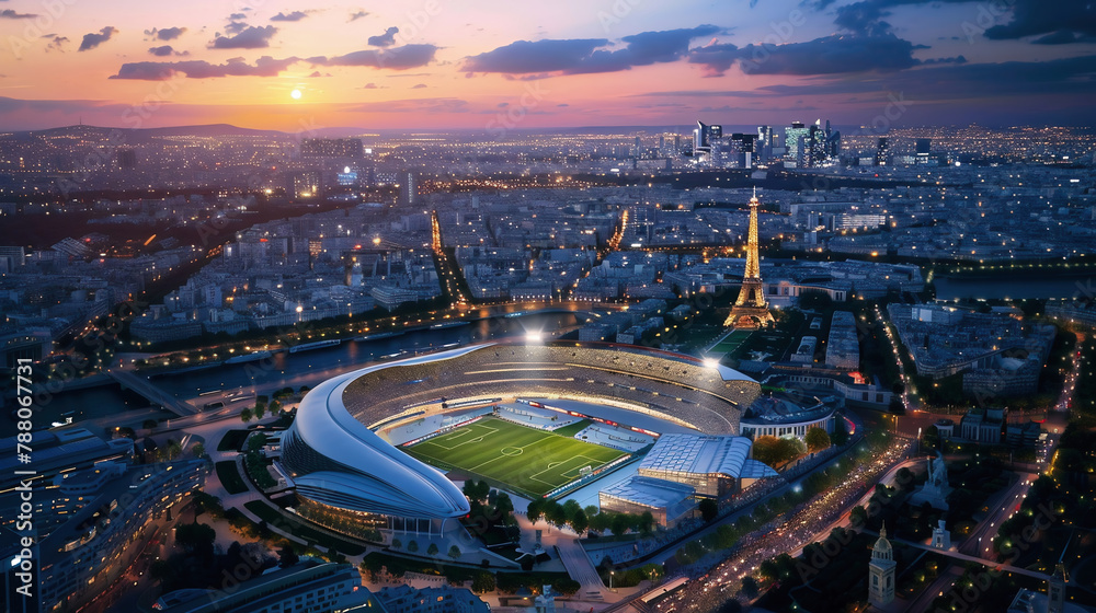 view over the city Paris and football stadium on the Eiffel Tower background, France. - obrazy, fototapety, plakaty 
