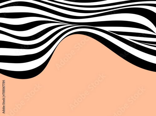 Abstract waves background. 3D optical illusion, black and white wavy lines, line art.