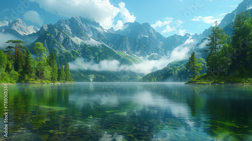  Beautiful lake in the mountains with green forest and foggy peaks, nature scenery background. Created with Ai