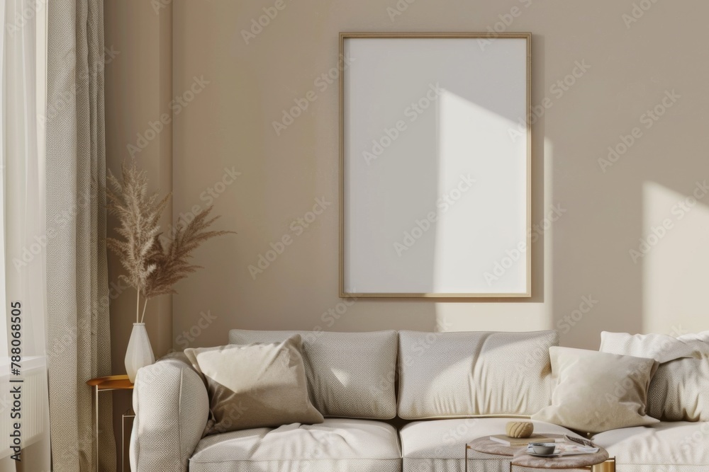 Fototapeta premium Beige Scandinavian Interior with Poster Mockup created with Generative AI