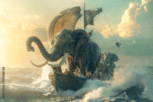 Elephants sail on a ship across an ocean. Surreal artwork.