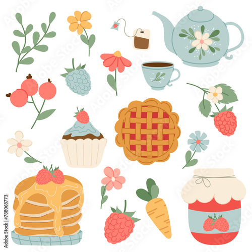 Pancakes, teapot, botanical elements, baked goods in flat style. Decorative elements for breakfast. Set of illustrations in flat style.