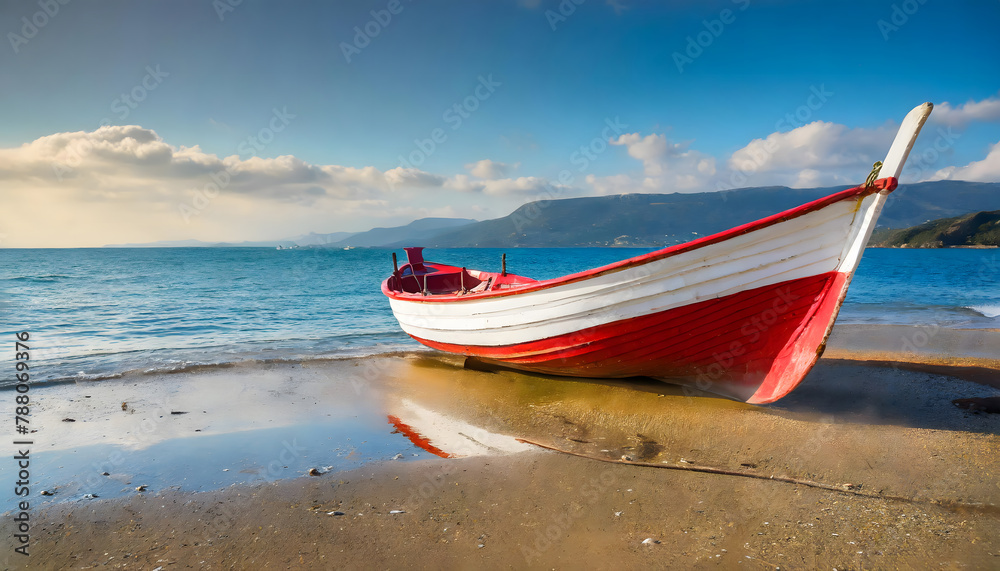 white and red boat on beach. Generative AI.
