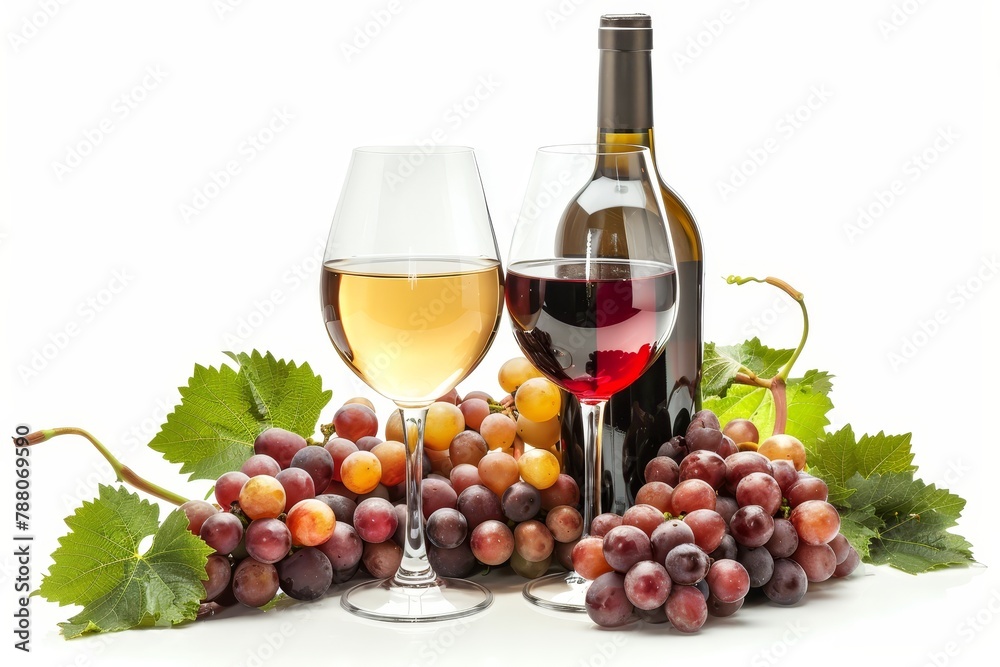 Two wine glasses bottle and grapes on white background