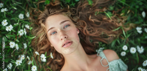 Beautiful woman lying on the grass, wearing a white dress in a green meadow filled with small flowers