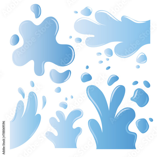 A set of different shapes of flashes and drops of water. An image of a spilled liquid in a cartoon style. Vector illustration isolated on blue background.