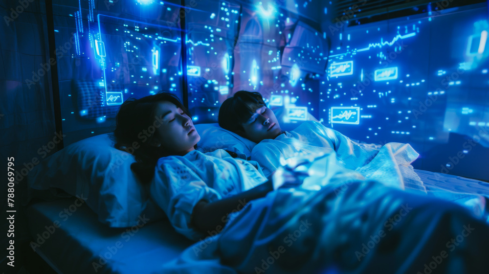 A woman and a man are sleeping in a bed with a blue background. The room is illuminated with blue lights, creating a calming and peaceful atmosphere. Concept of relaxation and tranquility