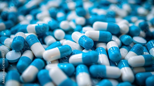  Selective focus on pile of blue and white antibiotic capsule pill. Pharmaceutical production. Global healthcare. Antibiotics drug resistance. Antimicrobial capsule pills. Pharmaceutical industry photo