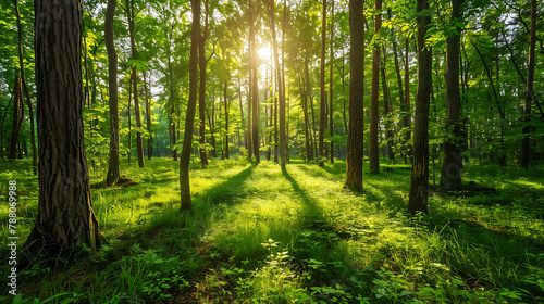 The sun shines through the tall trees in the forest. The lush green leaves of the trees create a dense canopy that blocks out most of the sunlight.
