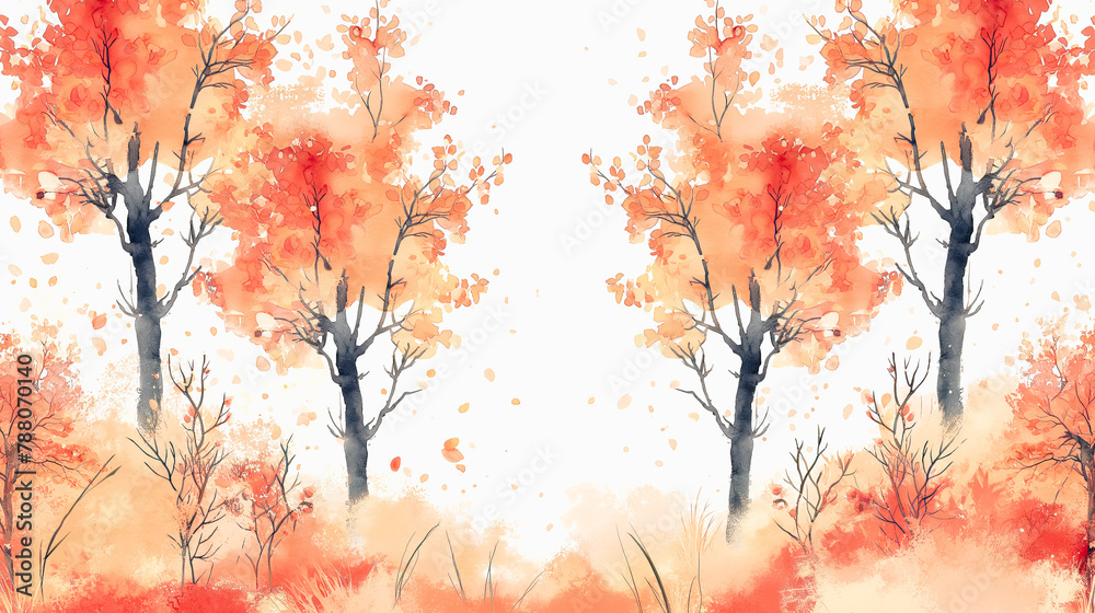 A painting of trees with orange leaves and a white background A painting of trees with orange leaves and a white background