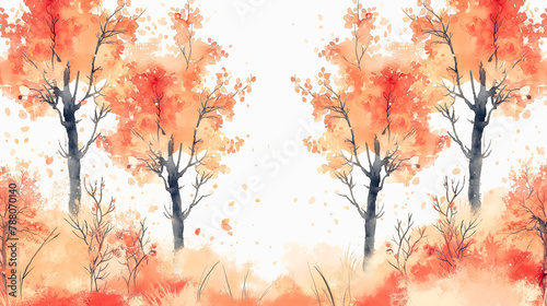 A painting of trees with orange leaves and a white background