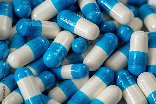  Selective focus on pile of blue and white antibiotic capsule pill. Pharmaceutical production. Global healthcare. Antibiotics drug resistance photo