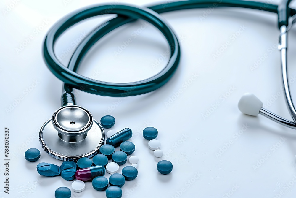 Top view of green stethoscope with pile of antibiotic capsule pills on white table. Antimicrobial drug resistance and overuse. Medical equipment for doctor. Clinical Cardiology. Global Health care Top view of green stethoscope with pile of antibiotic capsule pills on white table. Antimicrobial drug resistance and overuse. Medical equipment for doctor. Clinical Cardiology. Global Health care