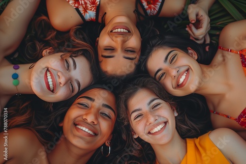 Happy friends, women. Group portrait of happy girls huddling, looking down at camera and smiling. Low angle, view from top.