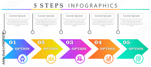 Steps infographics arrows template with 5 options and icons of survey, data collection, marketing, result and feedback. For process diagram, presentations, workflow layout, banner, flow chart