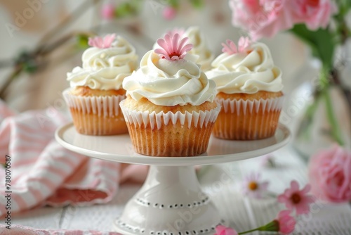 Vanilla cream cupcakes on stand with selective focus