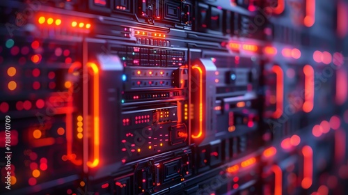 Detailed close-up of cloud computing server racks, glowing with connectivity lights, focus on technology and infrastructure