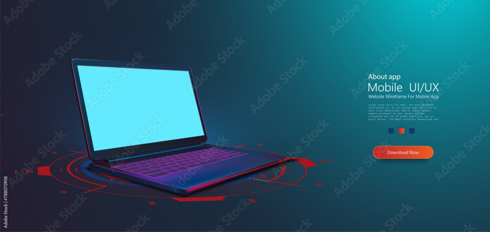 Laptop with Dynamic Backdrop in Dark Setting. Sleek, modern laptop with glowing keyboard, poised on a dark surface with red dynamic digital elements highlighting its state-of-the-art design. Vector