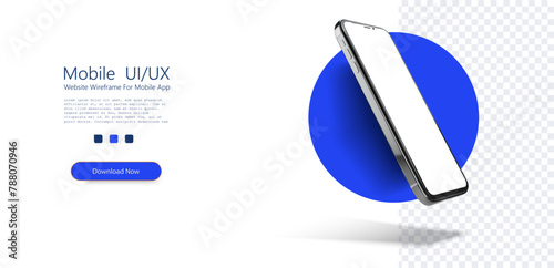 Smartphone with Blue Circle Background Floating on White. A modern smartphone appears to levitate over a white surface, backed by a vibrant blue circular shape, emphasizing its elegant design.