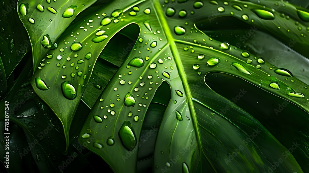 Intimate View of Monstera Leaf with Delicate Water Droplets Intimate View of Monstera Leaf with Delicate Water Droplets