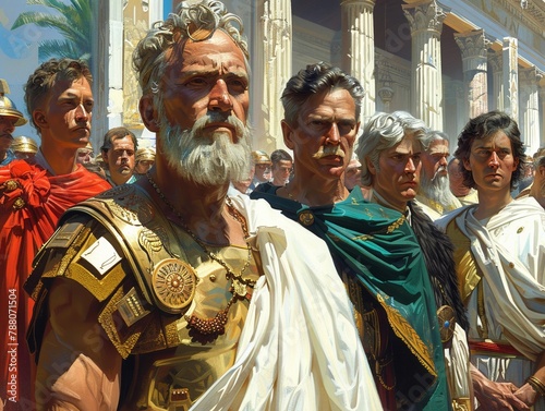 A secret society of time travelers meeting in ancient Rome, plotting courses through history under the guise of gods photo
