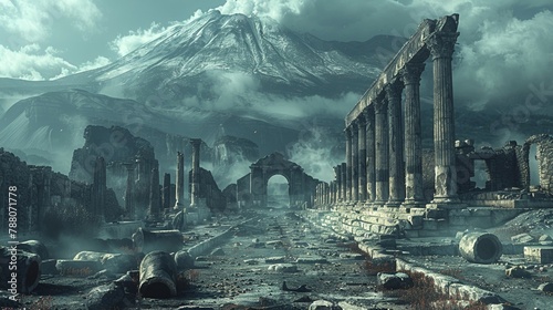 A digital Pompeii, recreated in virtual reality to explore ancient lives frozen in time, under a volcanic ash sky photo