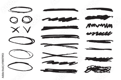 Hand draw marker pen strokes. Brush set. Scribble lines and brush strokes. 