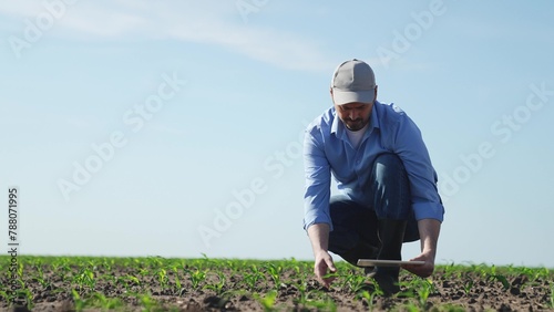 Businessman digital agricultural farmer with tablet. Man male farm worker takes care of corn crops sowing shoots videos takes photos manages resources monitors condition of crop harvest in field.
