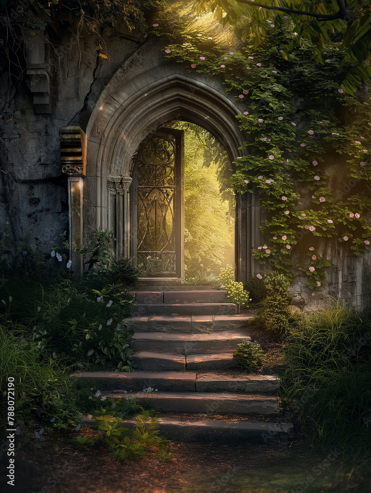 arched entrance into a secret garden - generative ai