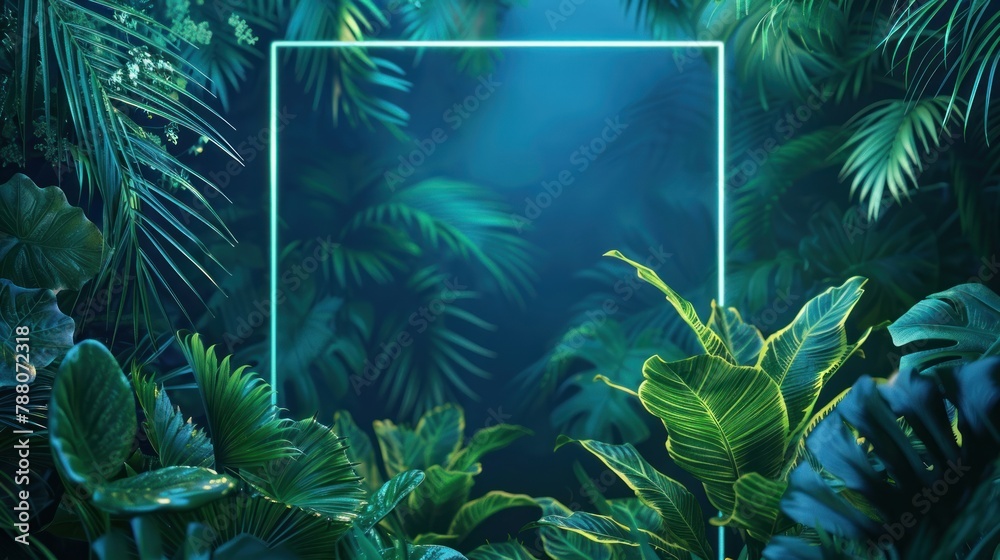 Tropical Plants Illuminated with Green and Blue Fluorescent Light. A neon frame shaped like a diamond surrounds a rainforest environment
