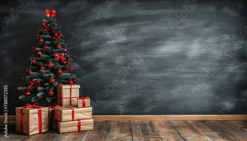 Festive christmas tree with presents against dark gray wall, bokeh lightscopy space available photo