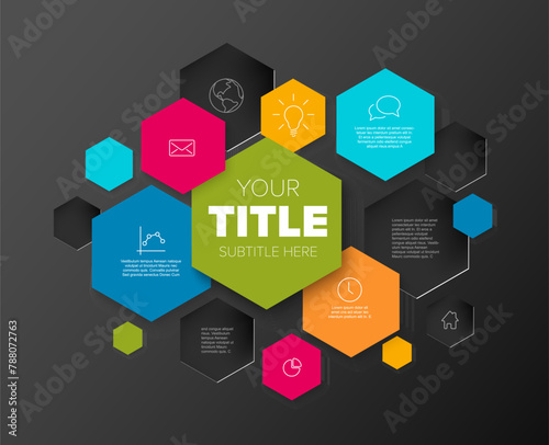 Simple infographic template with various information in hexagon boxes on dark background