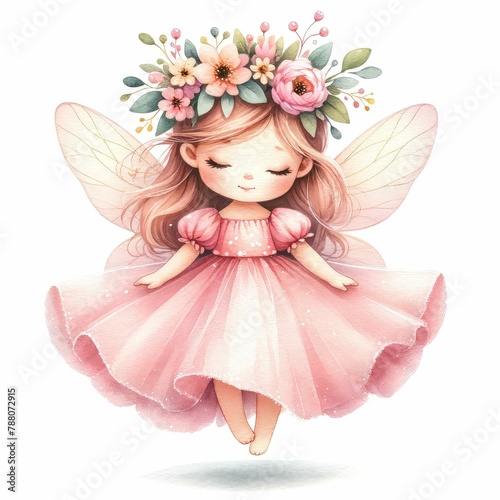 A cute watercolor illustration of a fairy wearing a pink dress and a flower crown.