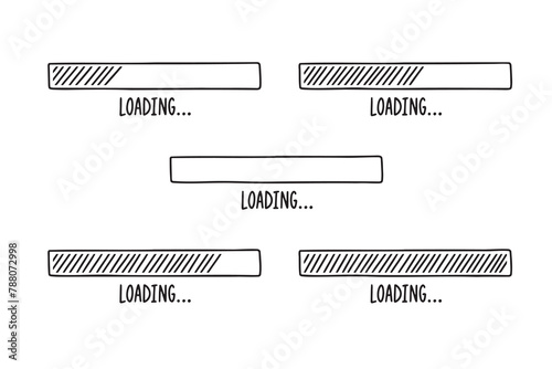 Loading bars drawn hand. Set outline doodle bars with different percent. Cartoon vector loading.  photo