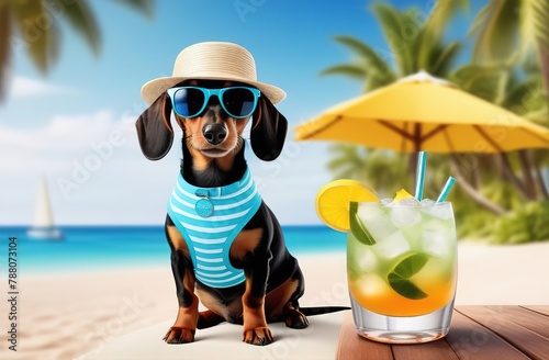 A dachshund in sunglasses and a hat is sitting on the beach. Nearby there is a cocktail, palm trees, the ocean. Vacation. Atmospheric. He's happy on vacation. © Ольга Деревяженкова