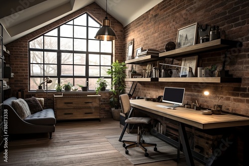 Vintage Charm: Industrial Style Loft Office with Exposed Brick Wall and Vintage Furniture © Michael