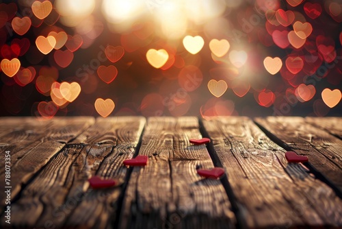 Vintage wooden deck table with heart bokeh backdrop Ideal for Valentine s Day product displays photo